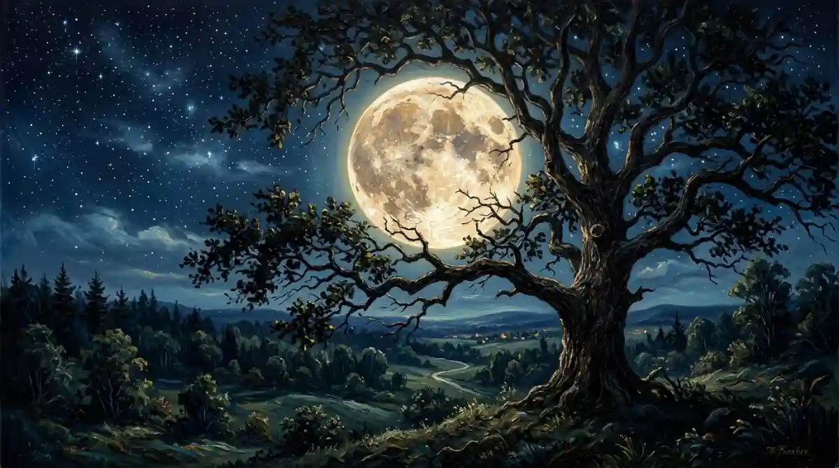 A full moon above a tree.